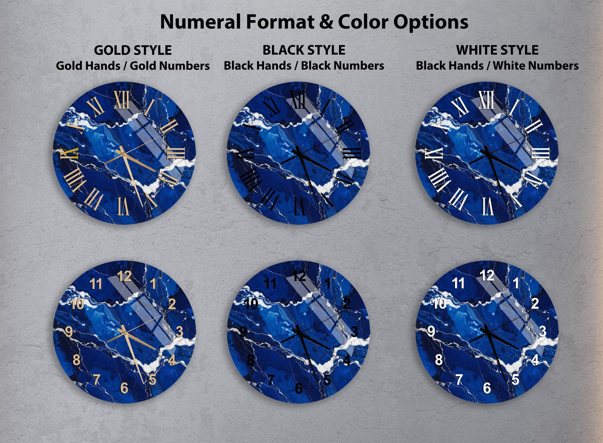a collection of six clock faces with different styles and color options, including gold hands, black hands, black numbers, and white numbers.