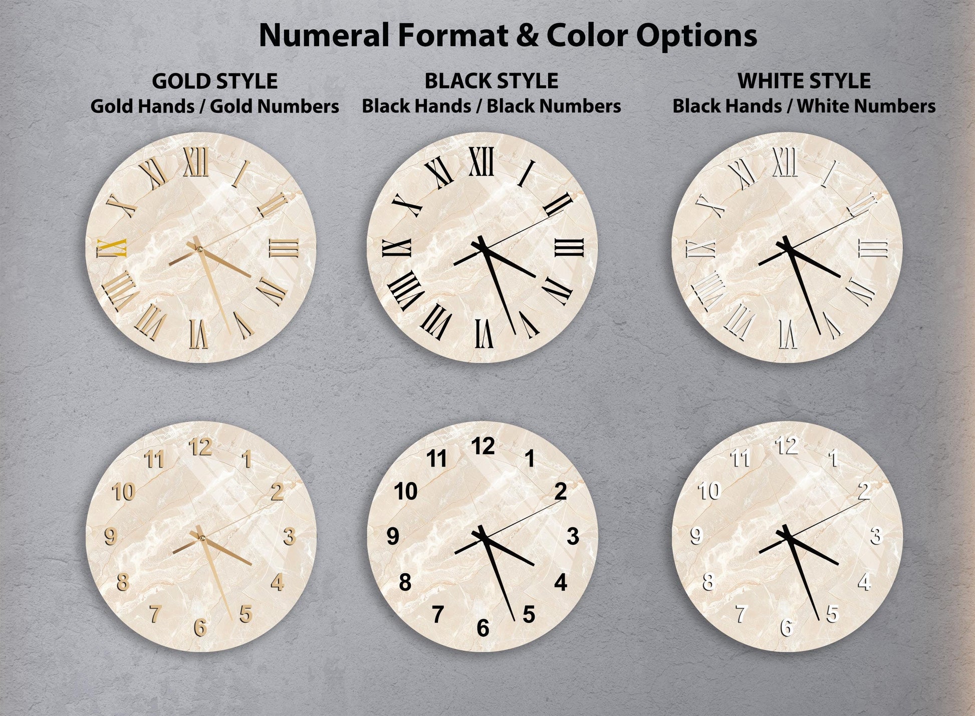 a collection of six different wall clocks, each with a unique design and color scheme. The clocks are arranged in a grid format, with two clocks in each row and two clocks in each column. The clocks feature various styles, including gold hands, gold numbers, black hands, black numbers, white hands, and white numbers. The clocks are presented in a visually appealing manner, showcasing the diversity and versatility of these timepieces.