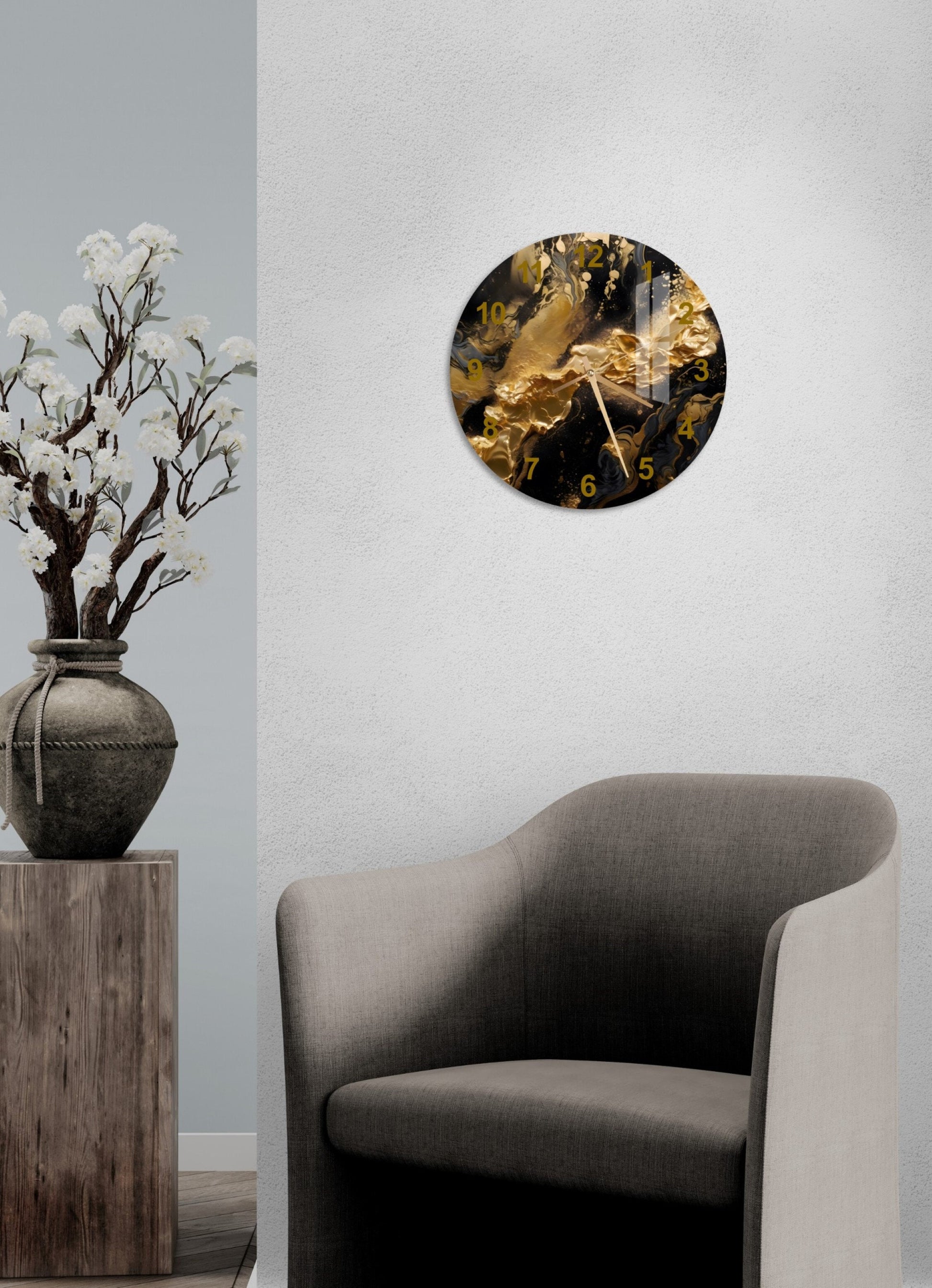 a chair and a vase with flowers in it