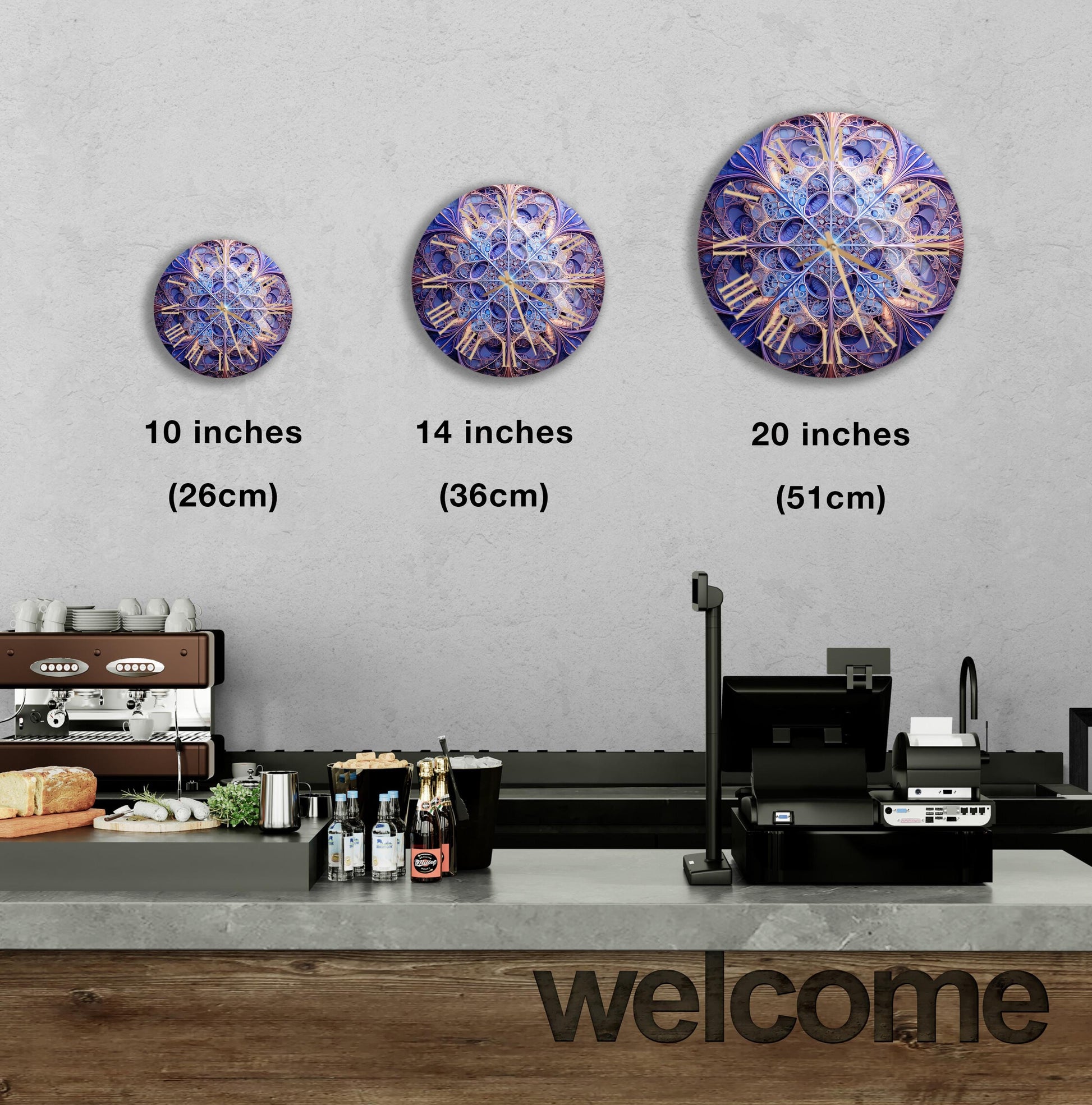 a kitchen counter with three clocks on the wall above it
