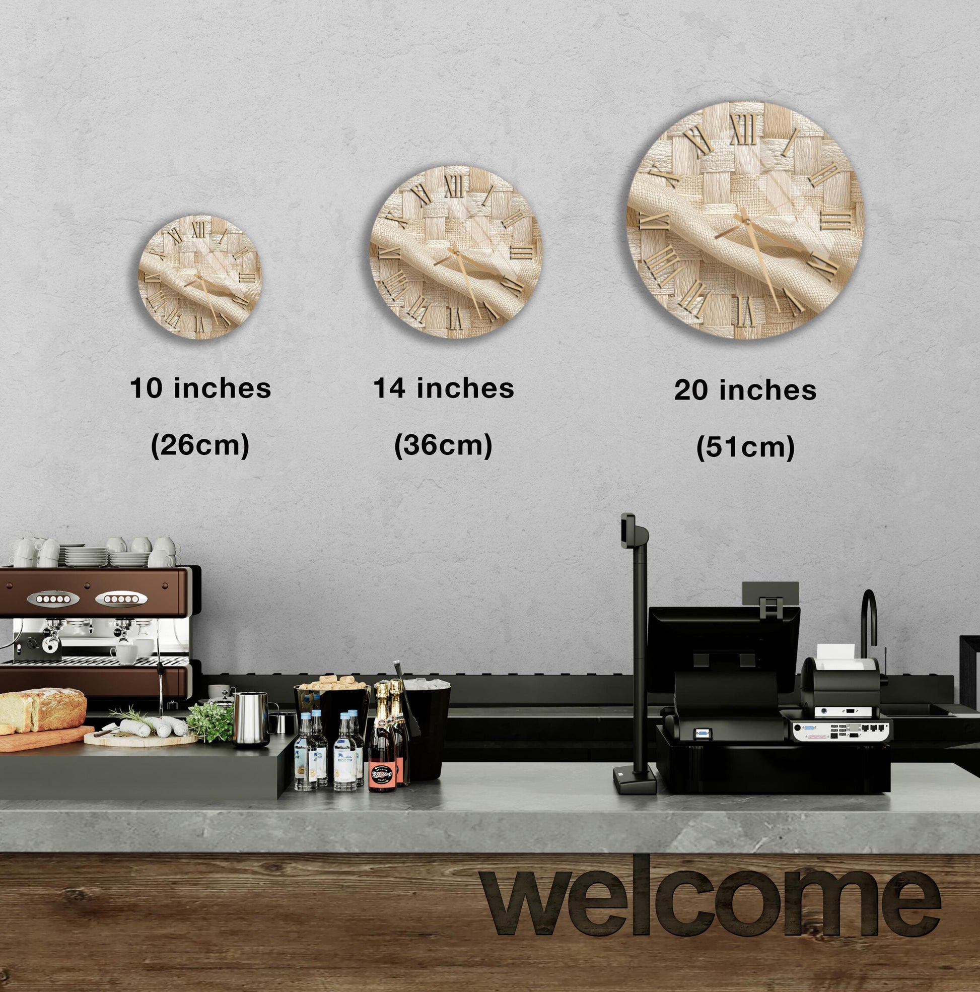 a counter with a cash register, a coffee machine, and a welcome sign. There are three clock faces of different sizes displayed on the wall above the counter.