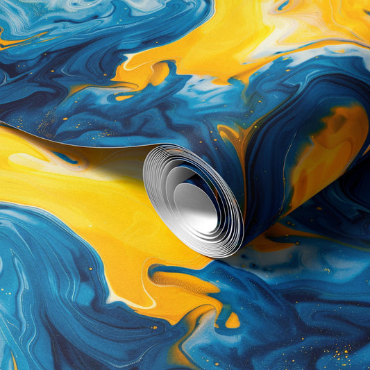 The image is a vibrant abstract painting with swirling patterns of blue and yellow hues. The painting features a large, curled silver object in the center, surrounded by the dynamic swirls of the colors.