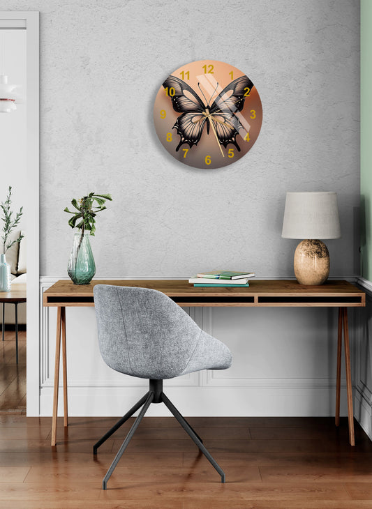 Tempered Glass Wall Clock - Colorful Butterfly Design, Silent & Scratch Resistant
