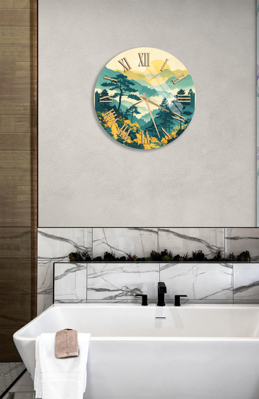 Tempered Glass Wall Clock - Mountain View, Green Yellow Scenic Design Decor