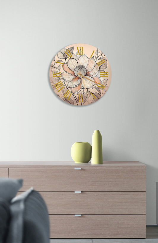 Tempered Glass Wall Clock - Abstract Floral Design, Silent Mechanism, Easy Hang