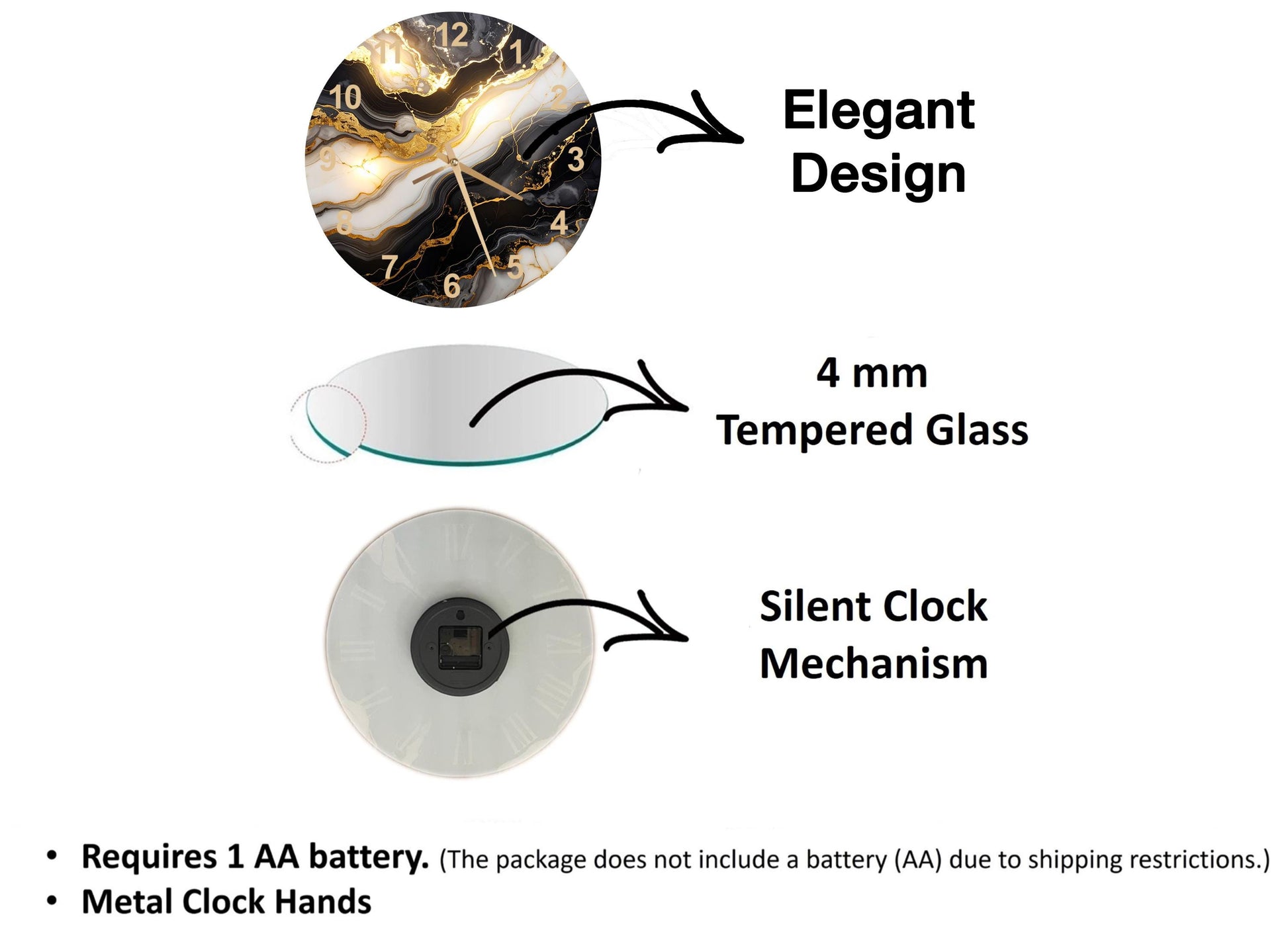 The image is a 3D rendering of a clock with a marble background, accompanied by text describing the features of the clock and its packaging.
