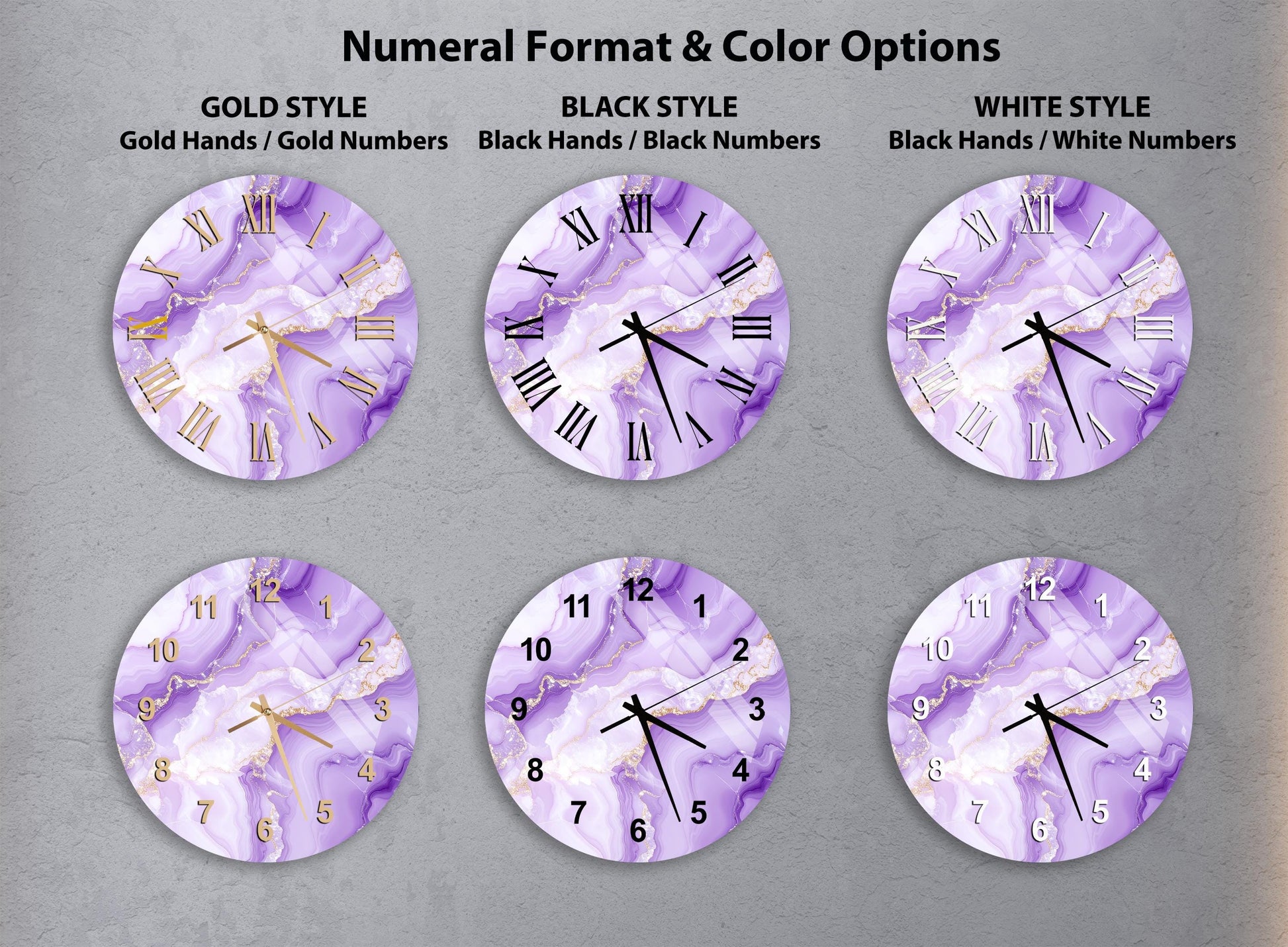 a collection of six clock faces with different styles and color options, including gold hands, black hands, black numbers, and white numbers.