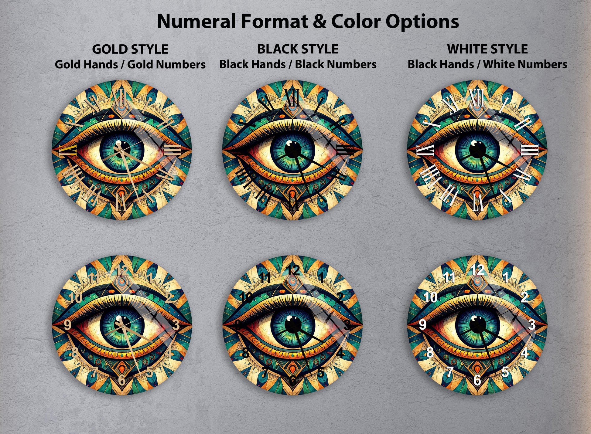 six clock faces with a large eye design, each with different color and style options.