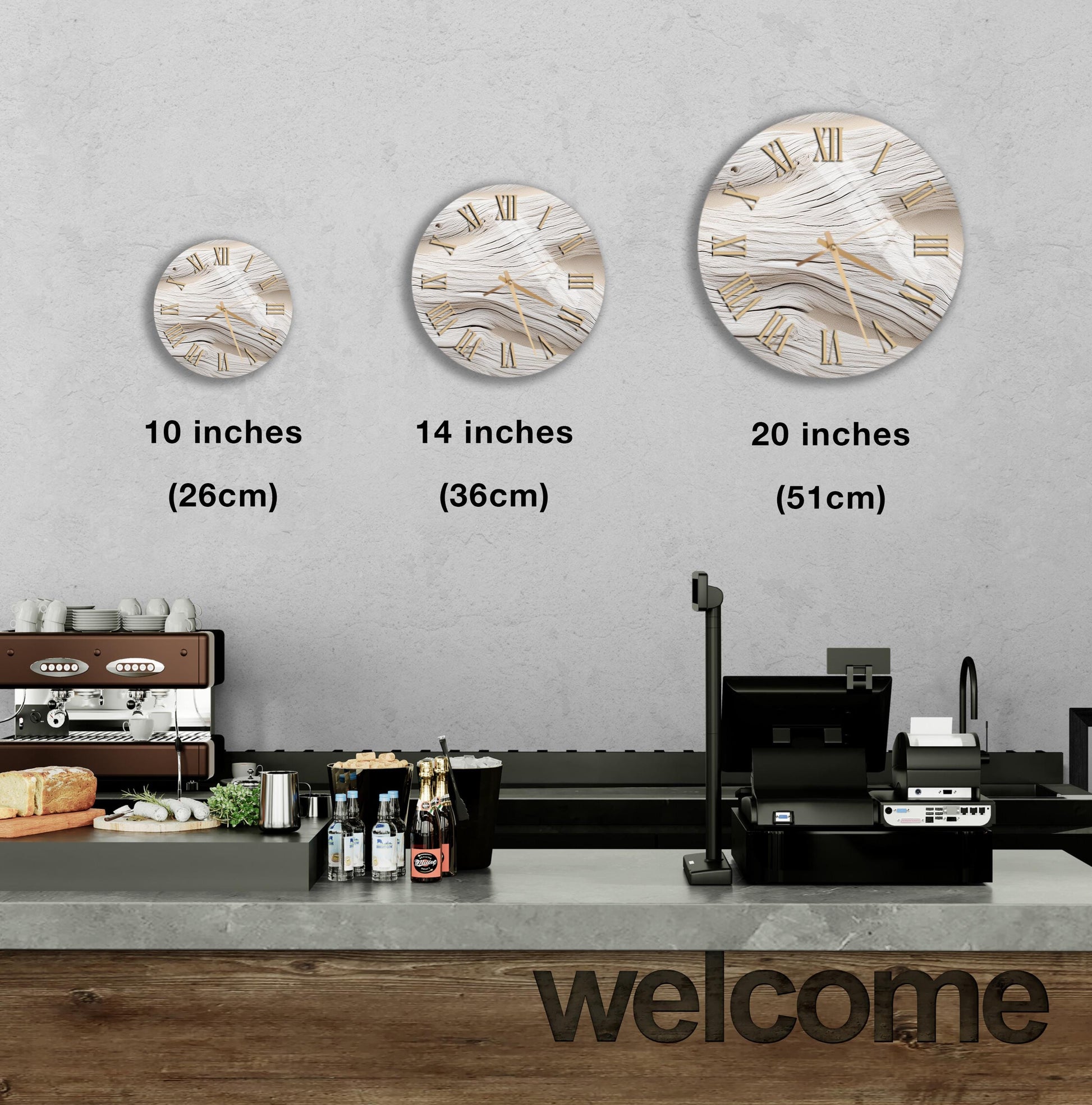 a counter with a cash register, a coffee machine, and a welcome sign. There are three clocks displayed on the wall, each at different sizes, indicating the time in inches.