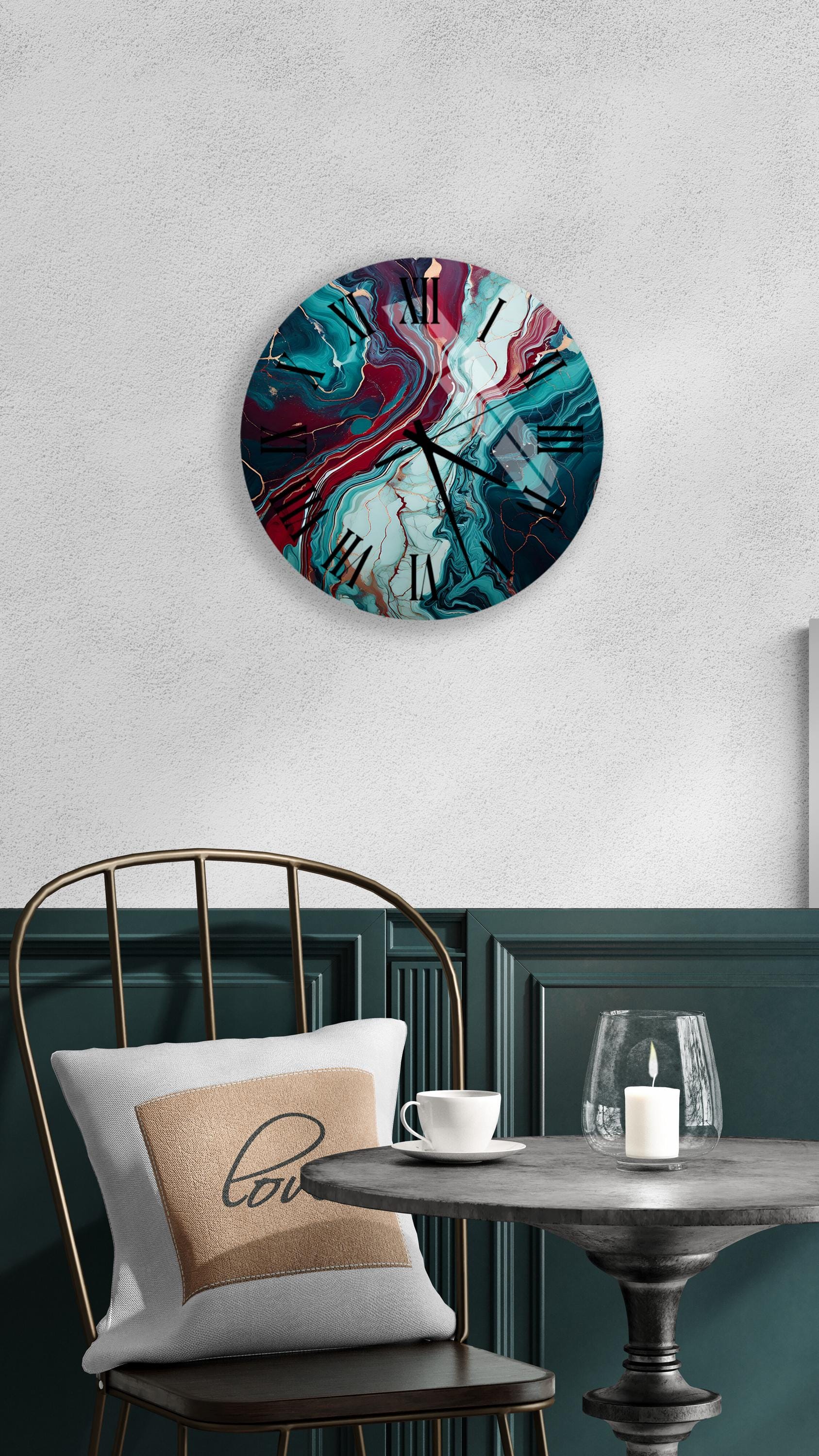 a clock on the wall above a table