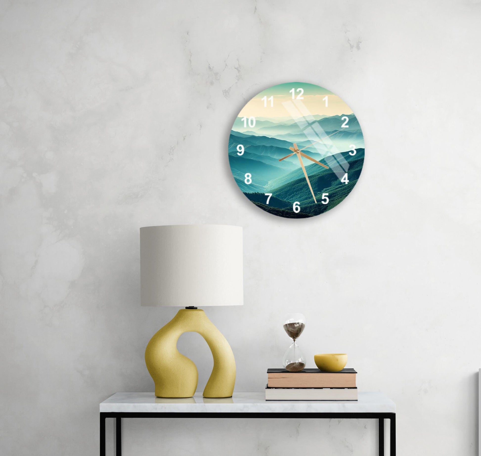 a table with a lamp and a clock on it