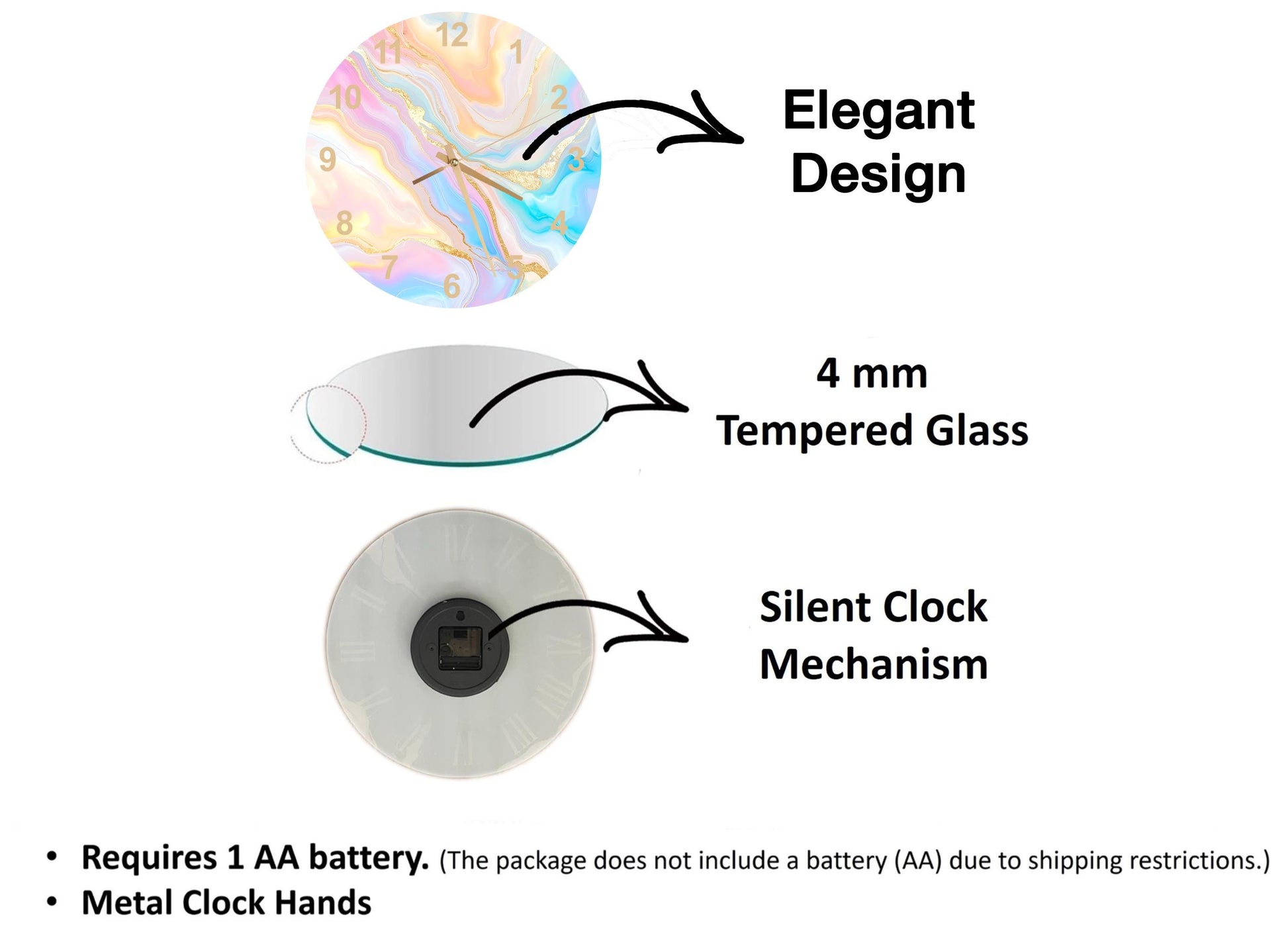 The image is a diagram that illustrates the features of a clock, including its design, size, and mechanism. It shows a 4 mm Tempered Glass clock, a silent clock mechanism, and a metal clock hand. The diagram also includes text that explains the features of the clock, such as the requirement of a 1 AA battery and the absence of a battery (AA) due to shipping restrictions.