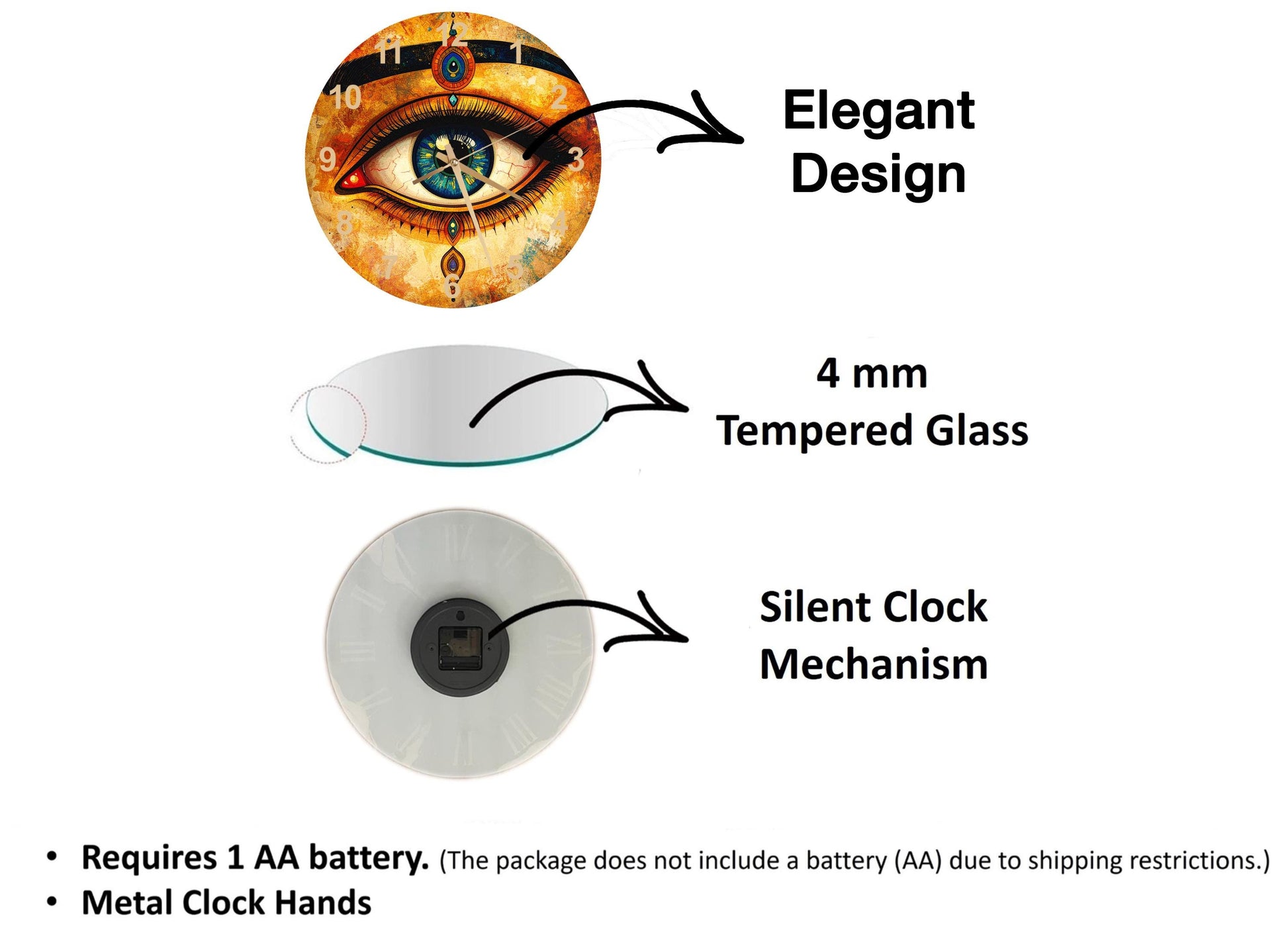 The image is a diagram that illustrates the features of a clock, including an elegant design, a 4 mm Tempered Glass face, and a silent clock mechanism.