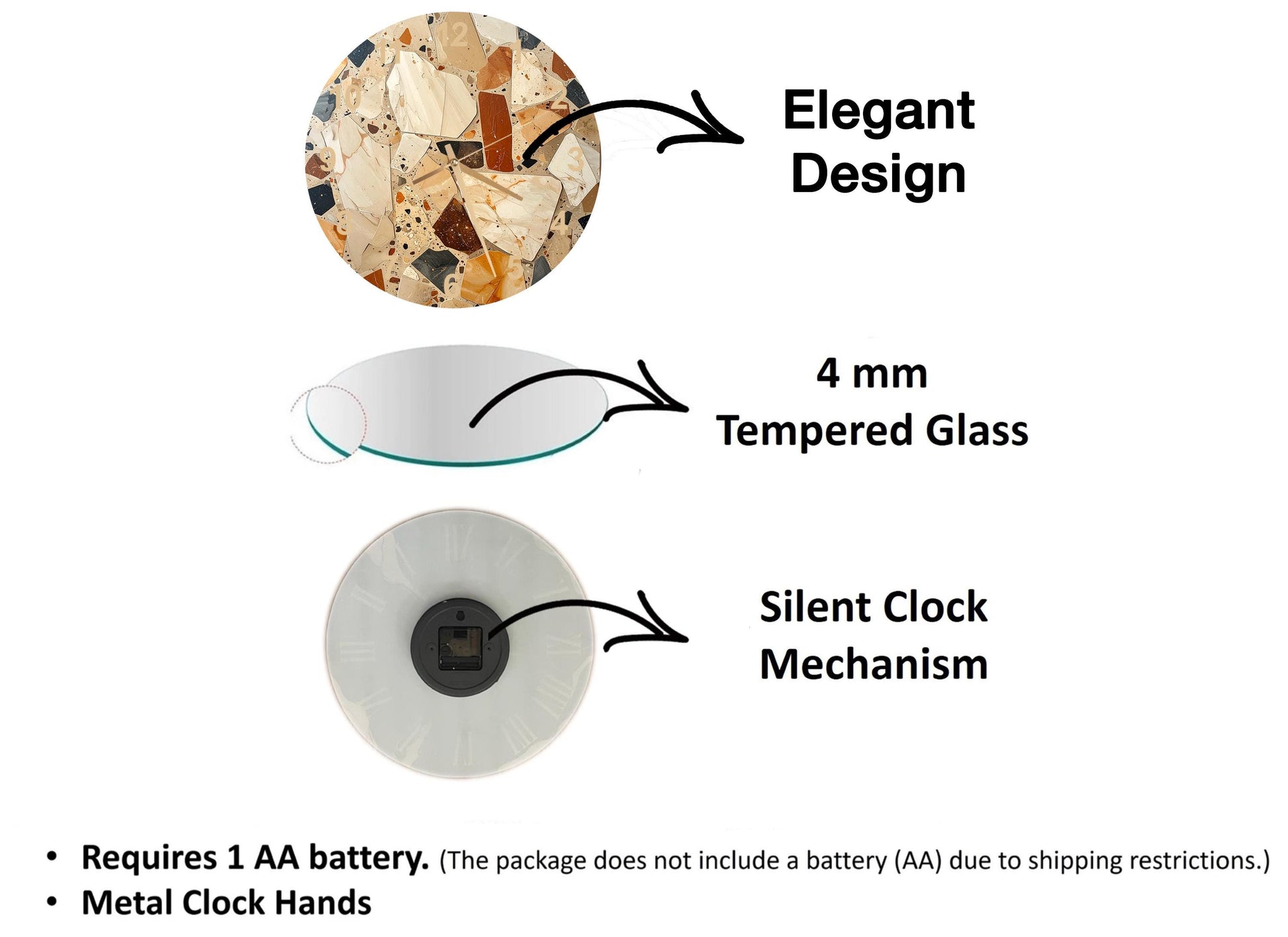 The image is a diagram that illustrates the features of a clock mechanism, including a 4 mm Tempered Glass, a Silent Clock Mechanism, and Metal Clock Hands.