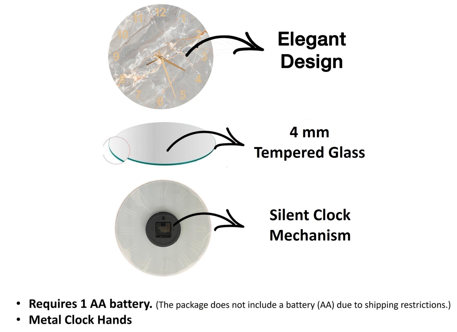 The image is a diagram that illustrates the features of a clock, including its design, materials, and mechanism.