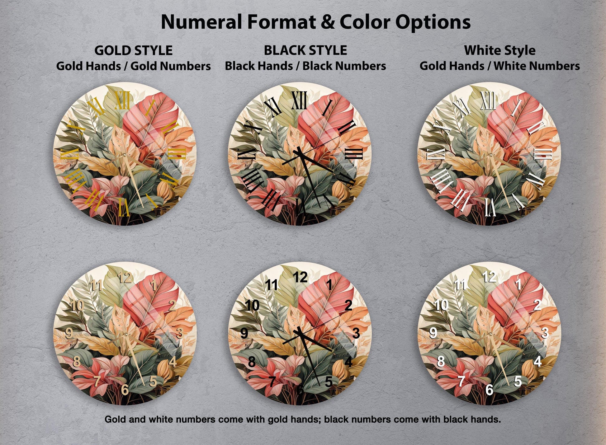 a set of four clocks with flowers painted on them