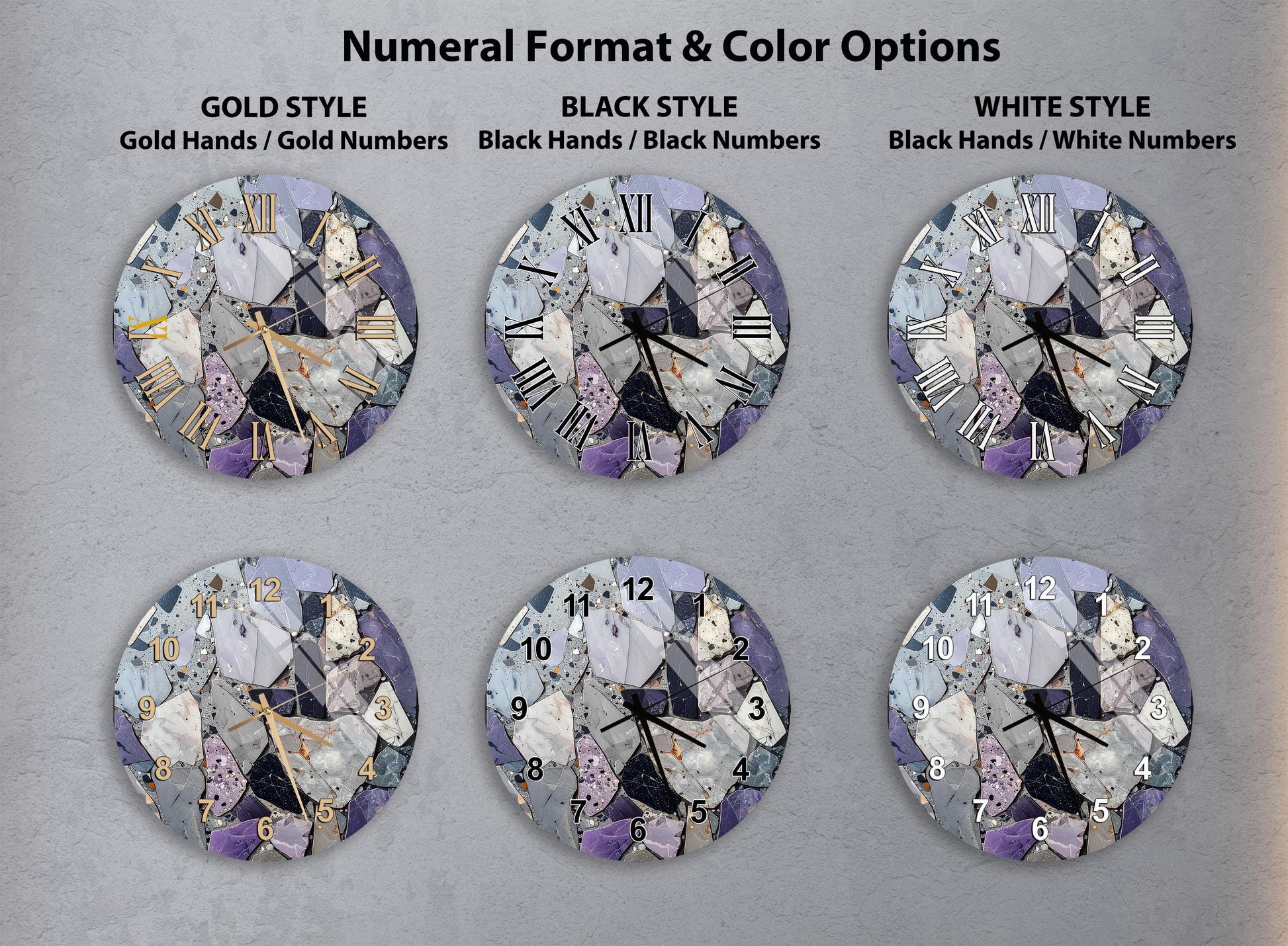 a collection of six clock faces with different styles and color options, including gold, black, white, and black and white.
