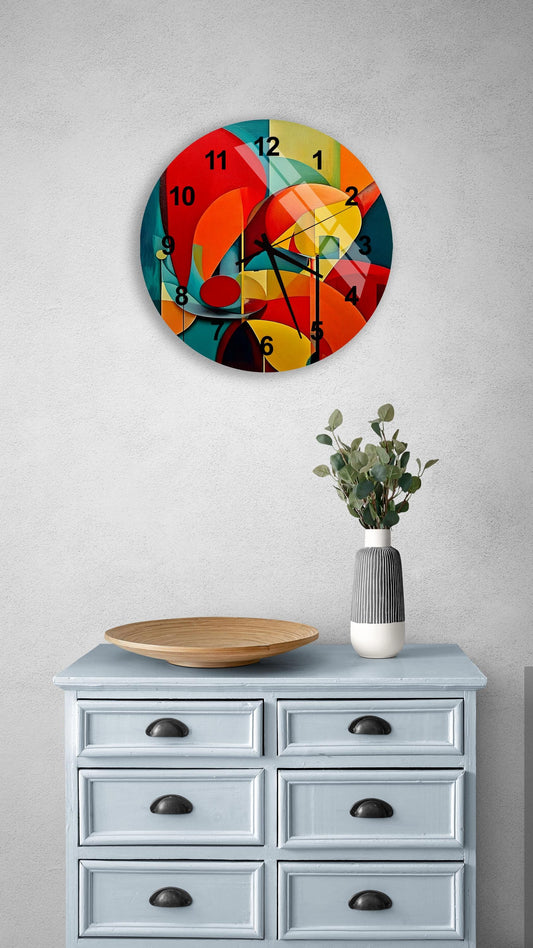 a clock on a wall above a dresser