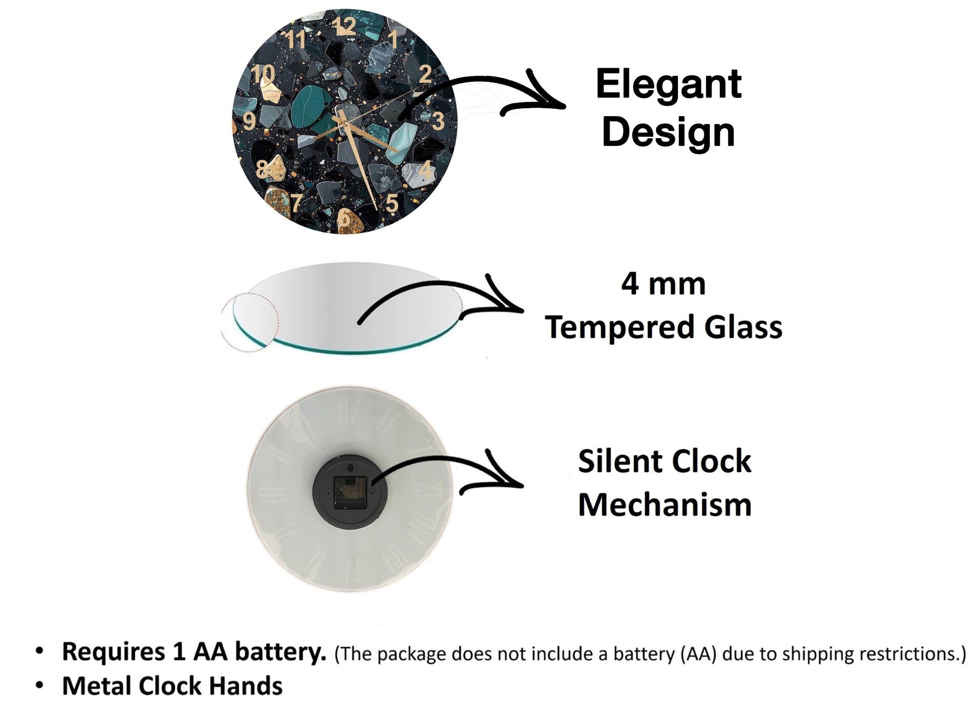The image is a diagram that illustrates the features of a clock, including its design, materials, and mechanism. It shows a 4 mm Tempered Glass face, a silent clock mechanism, and a metal clock hand. The diagram also includes text that explains the features of the clock, such as the requirement of a 1 AA battery and the absence of a battery (AA) due to shipping restrictions.
