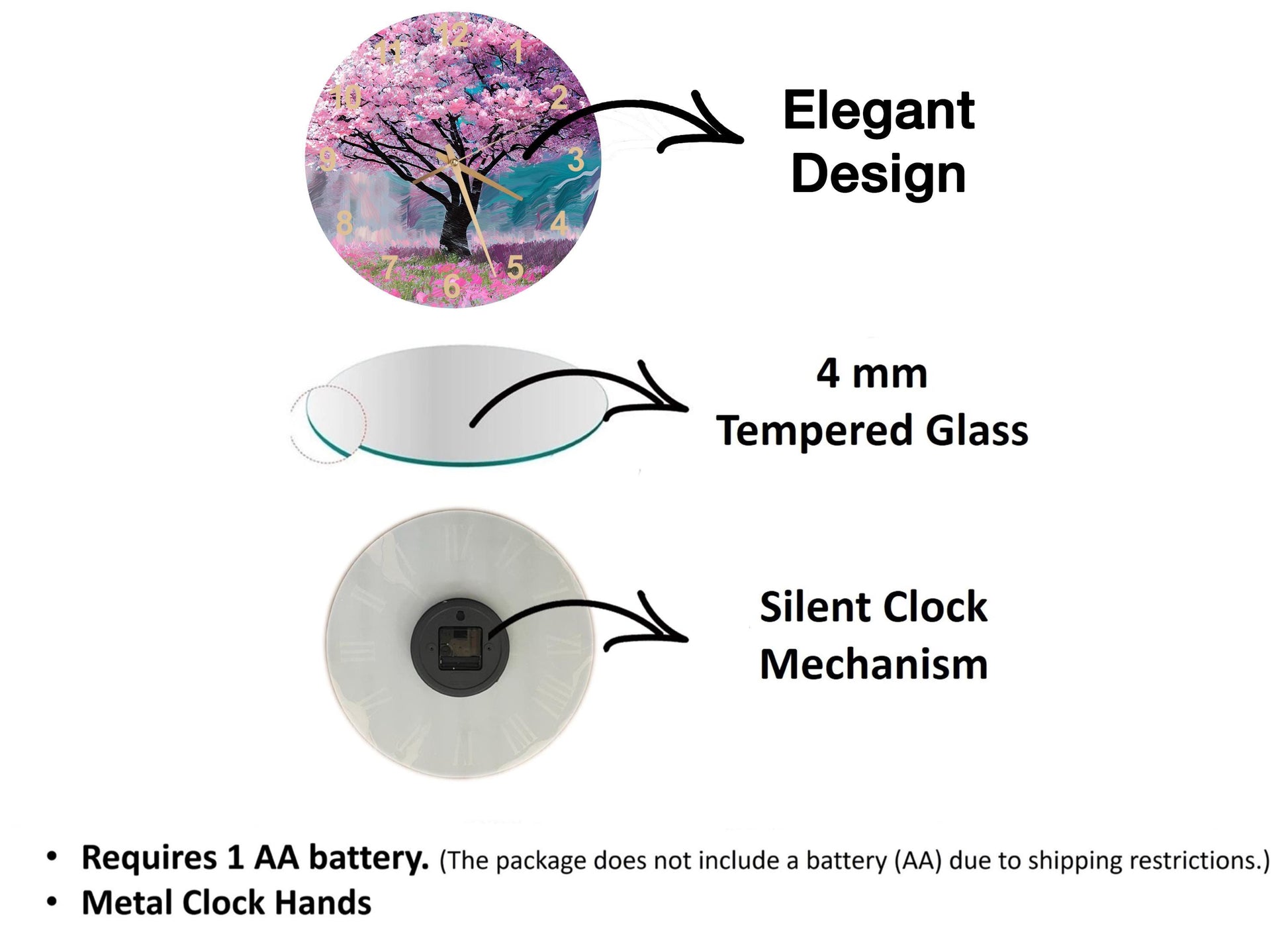 The image is a diagram that illustrates the features of a clock, including the type of glass used, the mechanism, and the battery requirements.