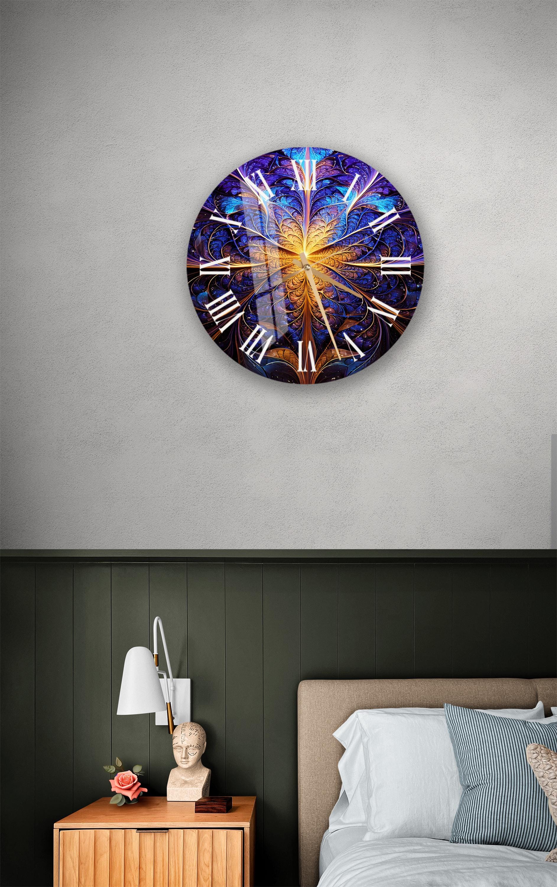 a bedroom with a bed and a clock on the wall