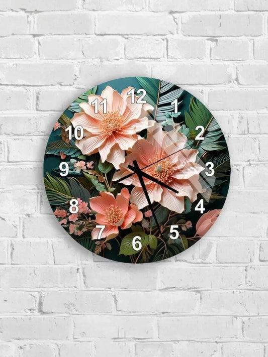 A wall clock with a floral design featuring pink and green flowers and leaves.