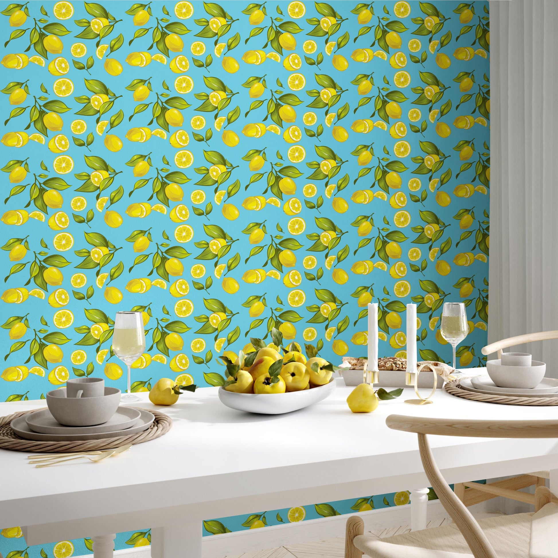 a dining table set with plates, bowls, and glasses, surrounded by a vibrant wallpapered wall with a repeating pattern of yellow lemons and green leaves.