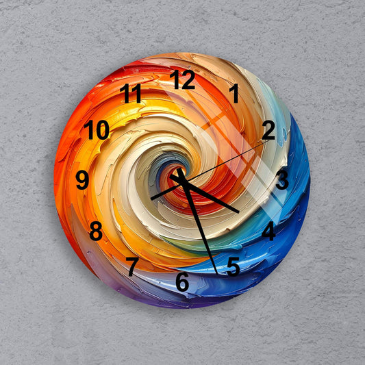 A colorful, abstract wall clock with swirling patterns in various shades of orange, yellow, blue, and purple.