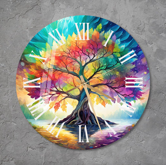 a colorful clock with a tree painted on it