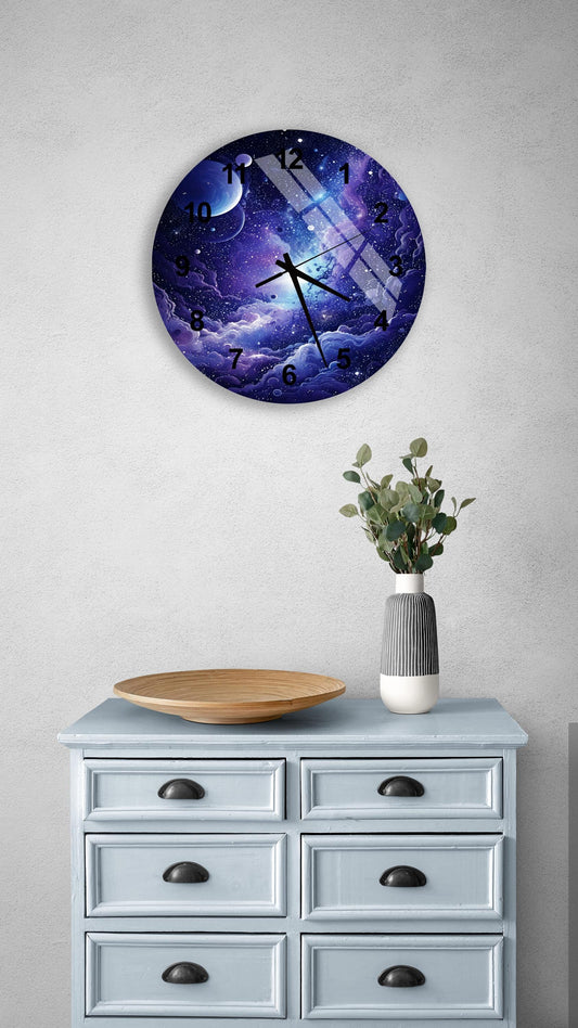 a clock on a wall above a dresser