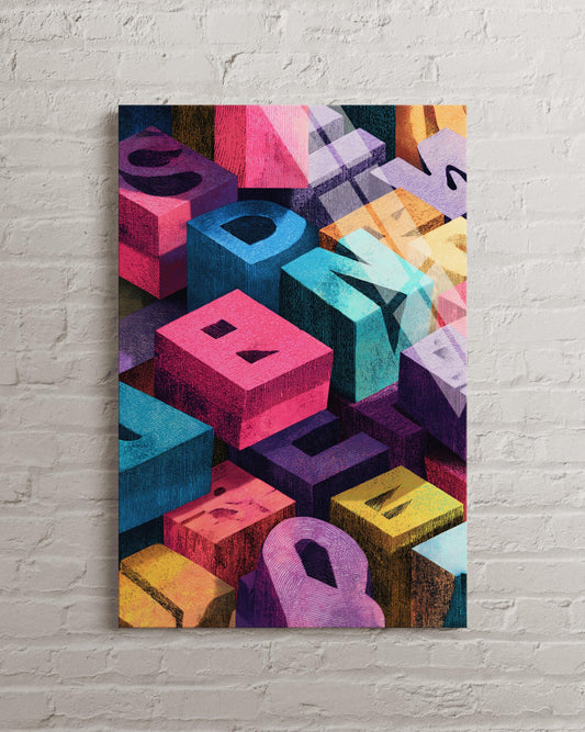 Abstract Tempered Glass Wall Art - Colorful Alphabet Blocks, Vintage Typography Print