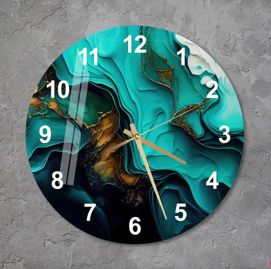 Glass Wall Clock - Tempered Emerald Gold Abstract Glass Clock | Silent, Modern