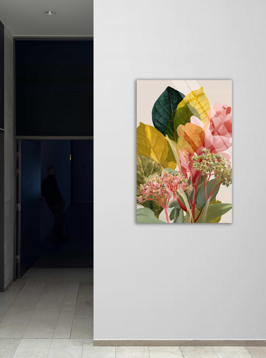 Tempered Glass Wall Art - Floral Botanical Glass Art with Vibrant Layered Leaves