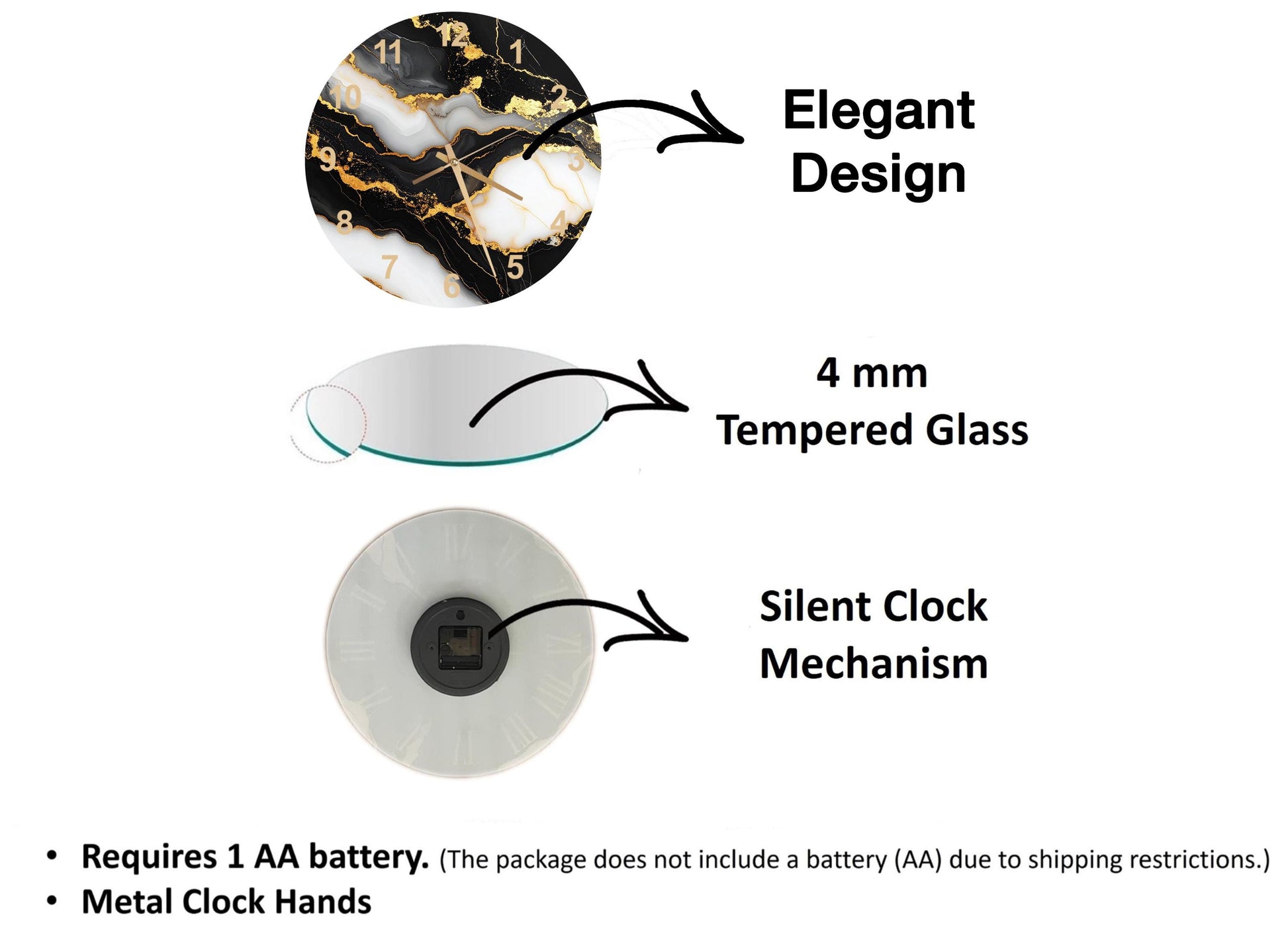 The image is a diagram that illustrates the features of a clock, including its design, materials, and mechanism. It shows a 4 mm Tempered Glass face, a silent clock mechanism, and a metal clock hand. The diagram also includes text that explains the features of the clock, such as the requirement of a 1 AA battery and the absence of a battery (AA) due to shipping restrictions.