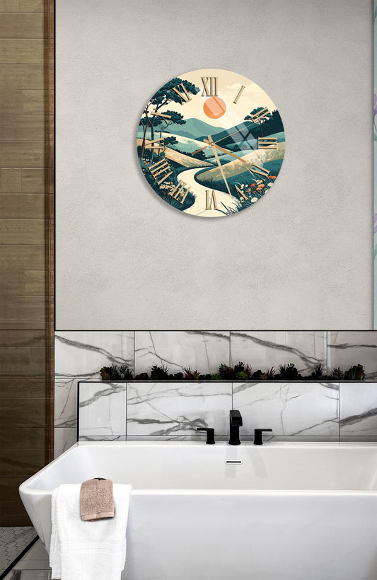 Tempered Glass Wall Clock - Scenic Landscape Design | Gold Hands | Silent Modern Decor