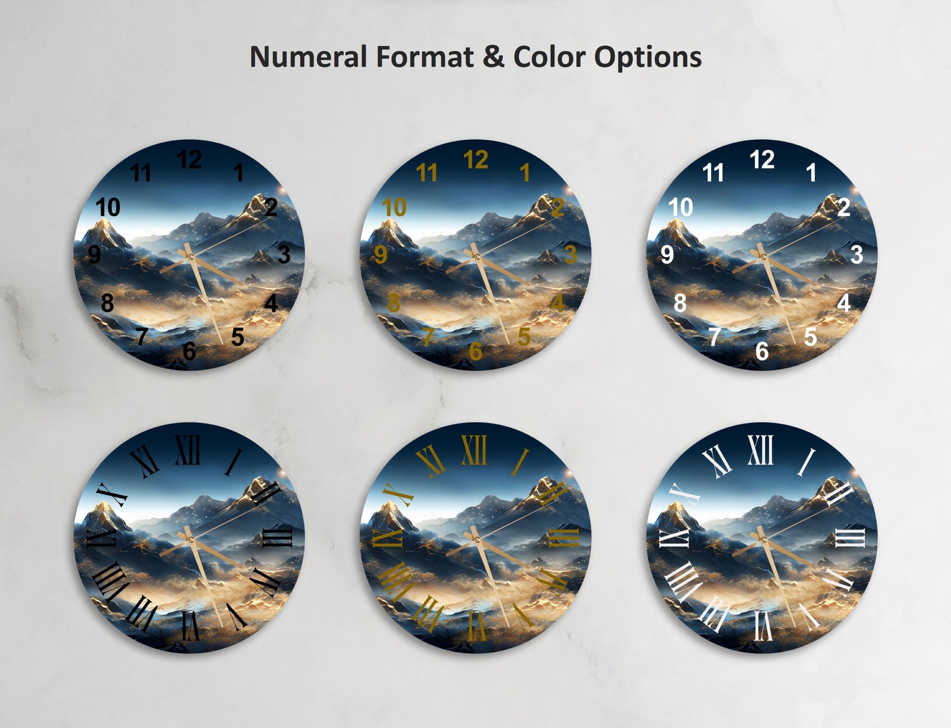 a set of four clocks with a mountain scene on them