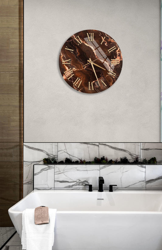 Tempered Glass Wall Clock – Brown Marble Art, Silent Non Ticking, Minimalist Decor