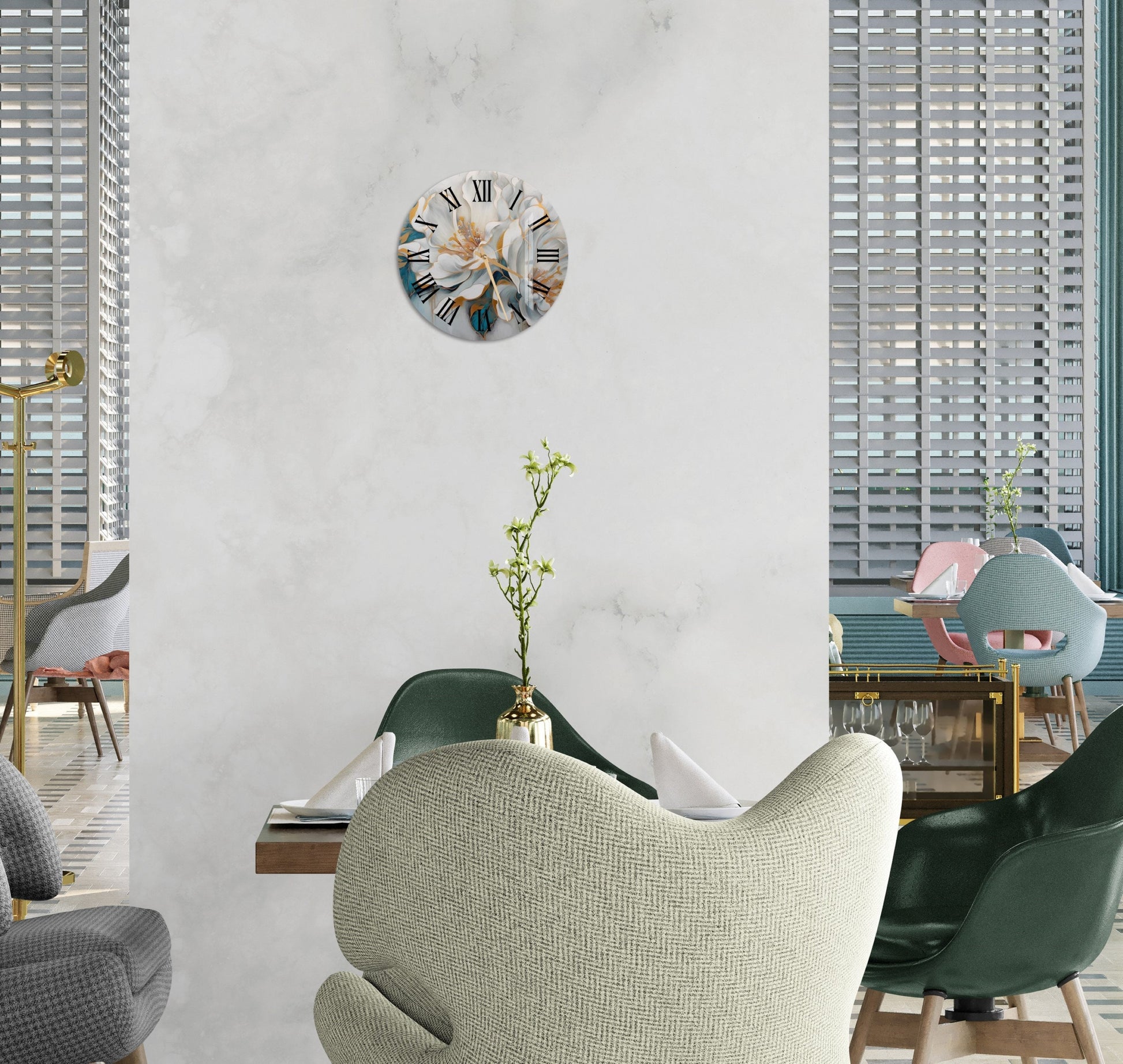 a living room with a clock on the wall