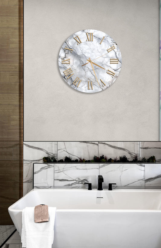 Marble Glass Wall Clock - Tempered Glass, Modern Design, Gold Hands, Silent Sweep