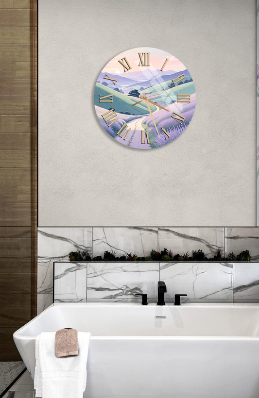Tempered Glass Wall Clock - Lavender Field Art, Pastel Colors, Silent Sweep