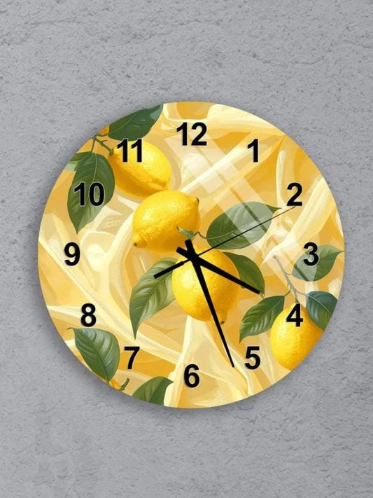 six round clocks with yellow lemon designs on them, arranged in a grid pattern on a gray background.