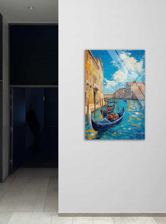Venice Canal Gondola Art – Tempered Glass Wall Art | Vibrant Blue Cityscape