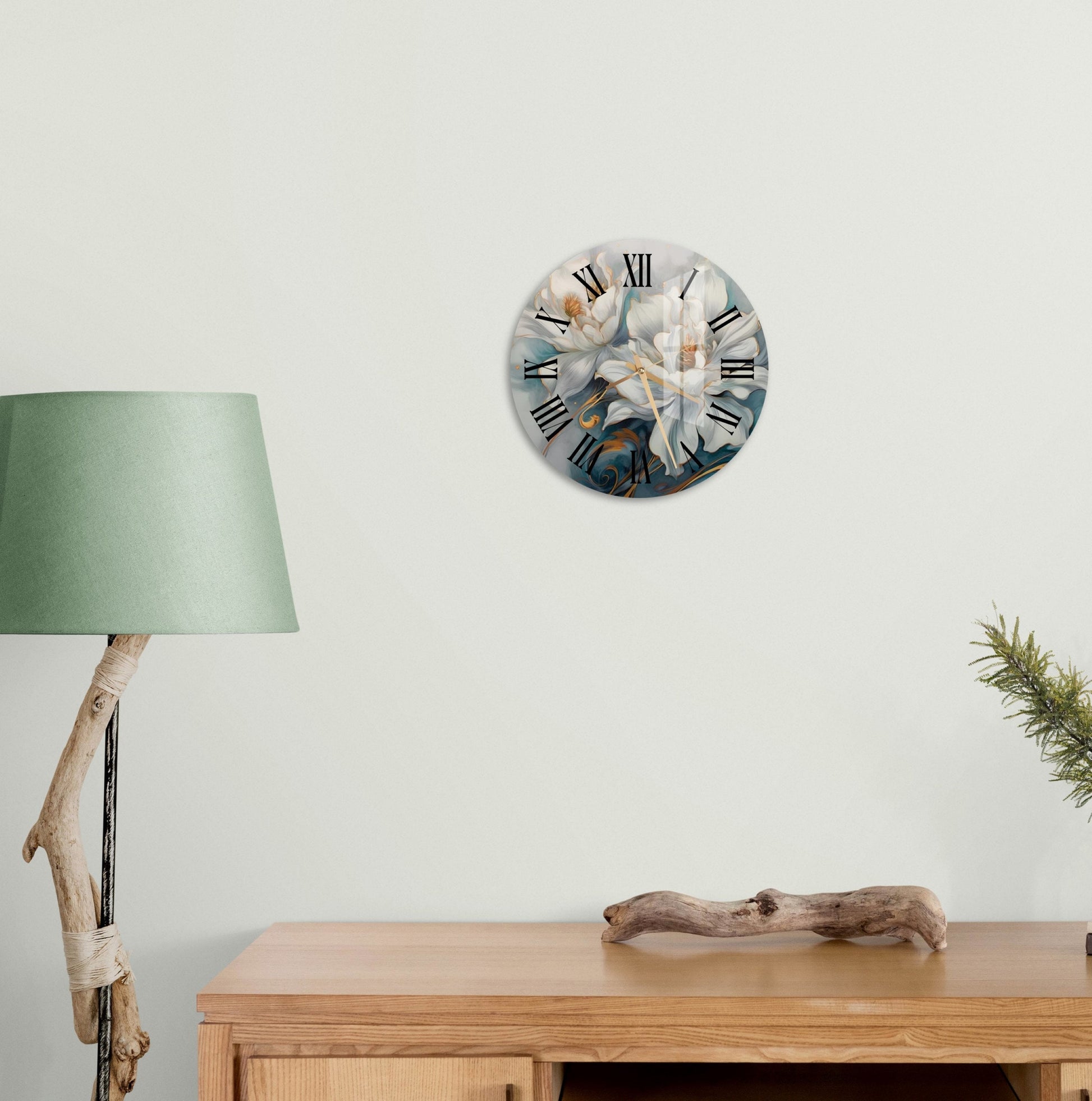 a wooden table with a lamp and a clock on the wall