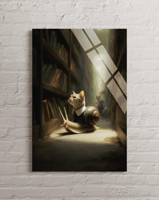 Tempered Glass Wall Art – Dark Academia Decor with Surreal Cat Snail Print