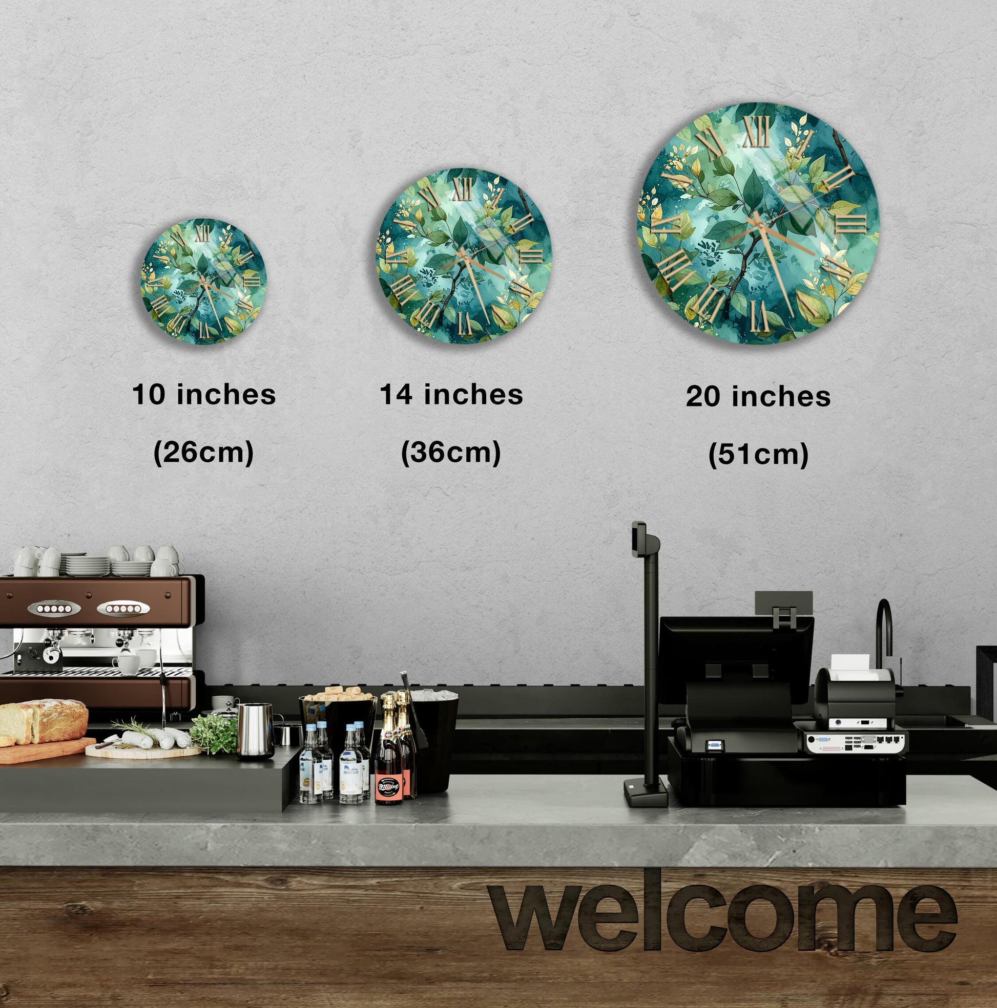 a counter with a cash register, a coffee machine, and a welcome sign. There are three clock faces of different sizes displayed on the wall above the counter.