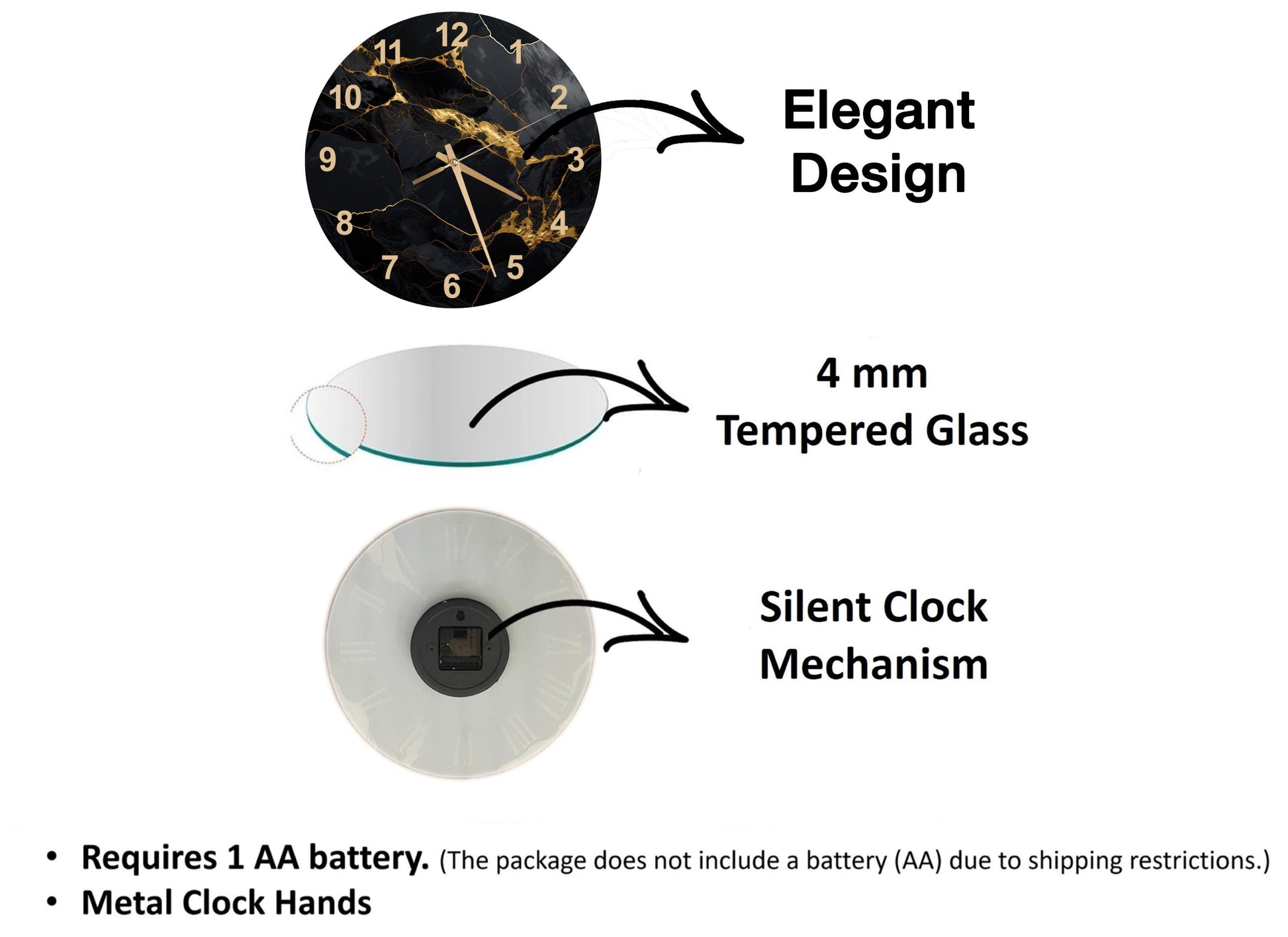 The image is a diagram that illustrates the features of a clock, including its design, materials, and functionality.