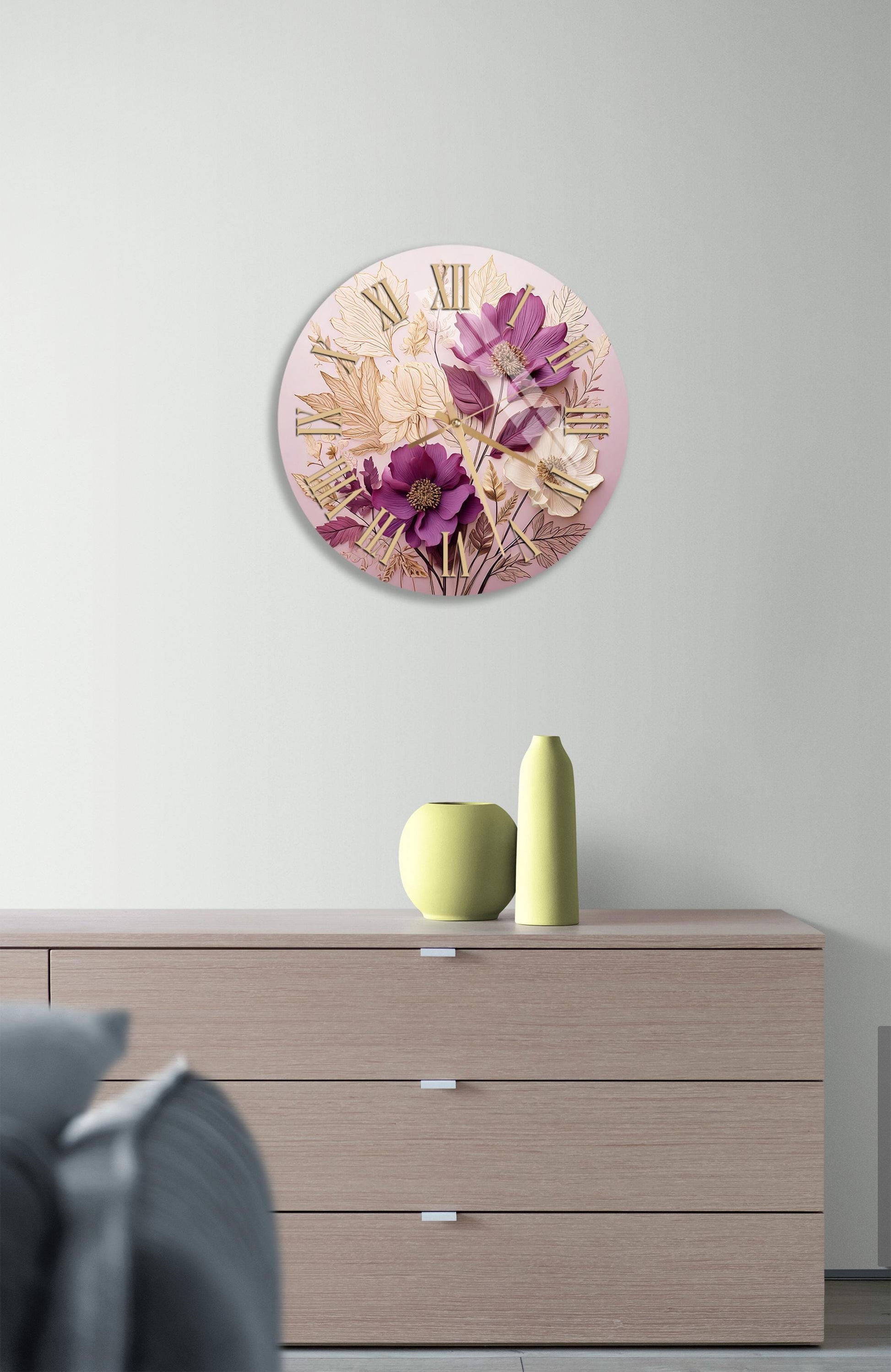 a clock that is on the wall above a dresser