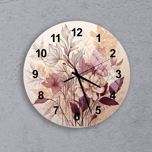 a clock with flowers painted on it on a wall
