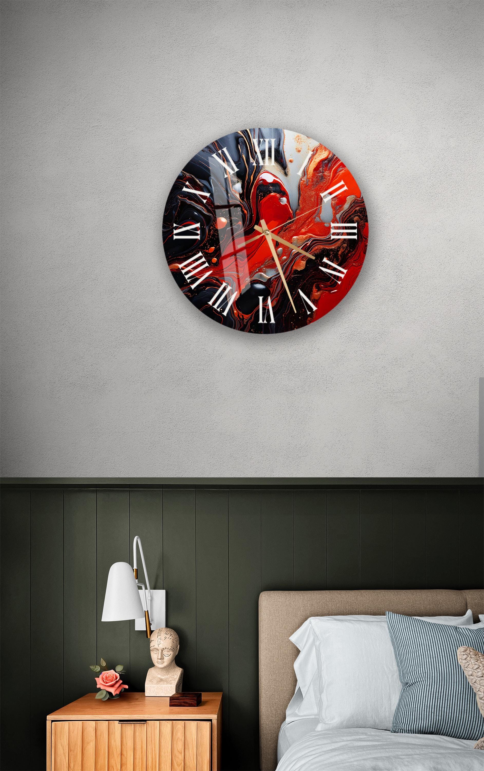 a bedroom with a bed and a clock on the wall