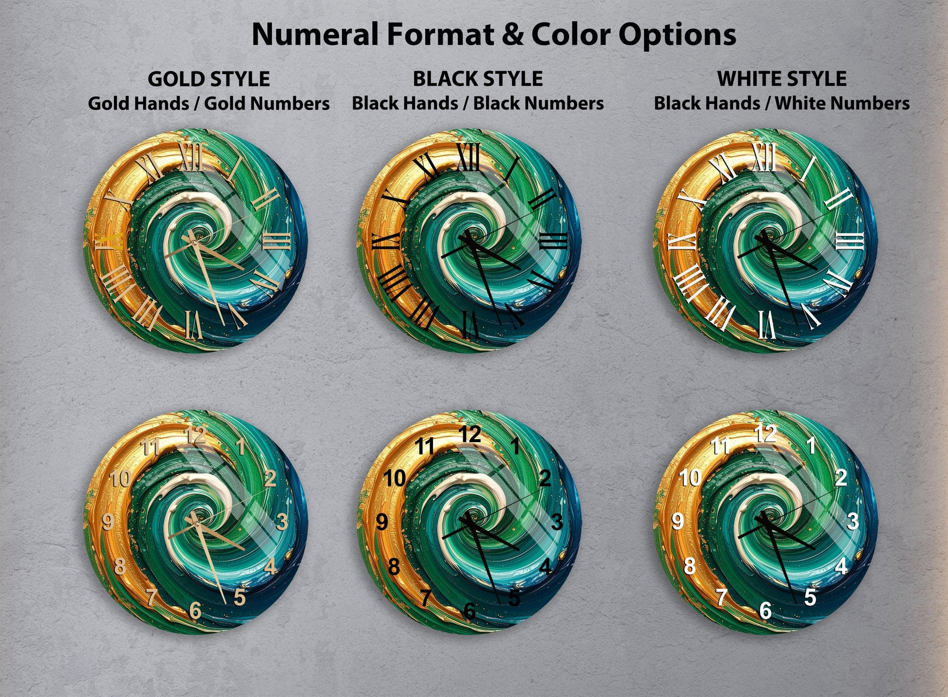 six different clock designs with varying styles and color options.